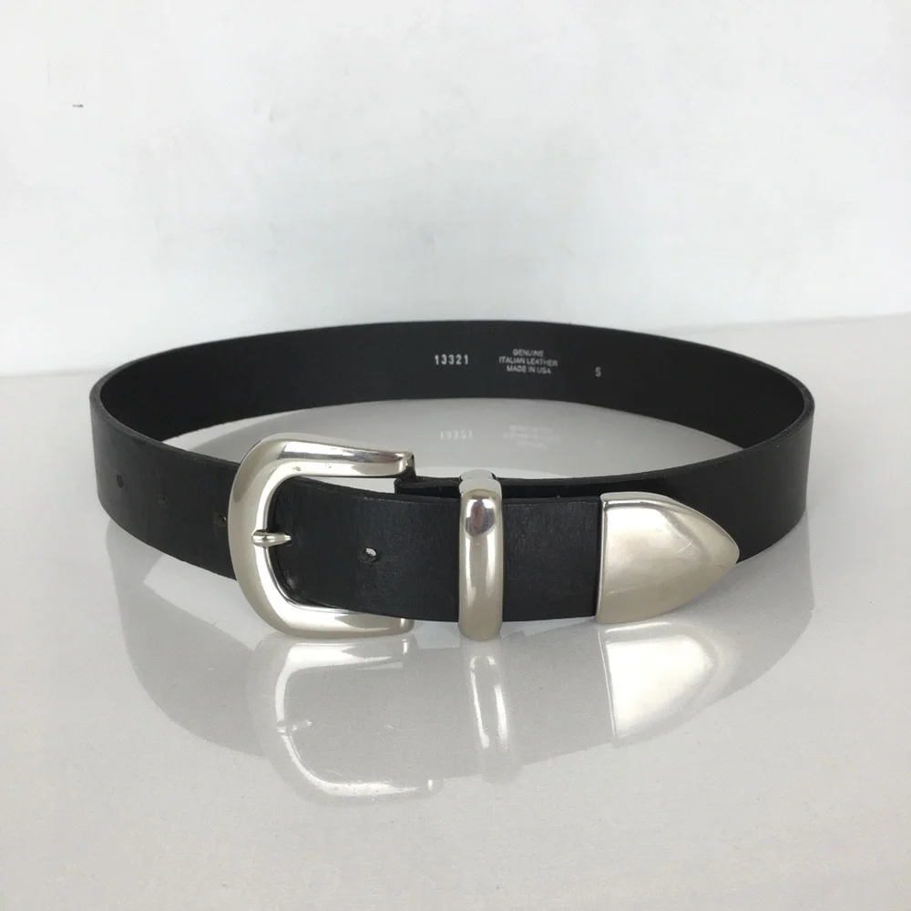 Smooth Black Italian Leather Belt Silver Buckle Women’s Size Small